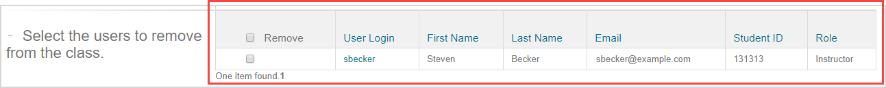 Search results are displayed in table form in the Select the users to remove from the class pane.